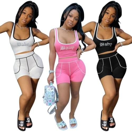 Casual Sporty Letter Hot Drilling Women Matching Sets Active Wear Fitness Crop Top + Shorts Workout 2 Piece Set Women Outfits