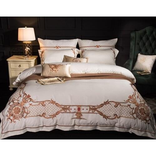 100% Egyptian Cotton Embroidered Luxury Royal Bedding Set 4/6Pcs King Queen Duvet Cover Bed Sheet set Pillowcase white golden