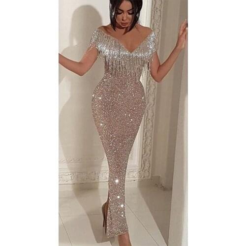 Sexy Evening Party Dress Women Bling Dresses Ladies Deep V Neck Bodycon Off Shoulder European Clothes Slim Nightclub Wear DCC240