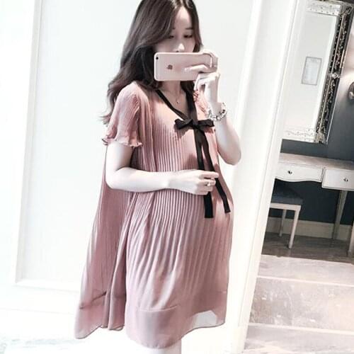 Chiffon Pleated Bowknot Maternity Dresses Woman Clothes Ruffles Cute Clothes For Pregnant Women 2021 Summer New Plus Size 4XL