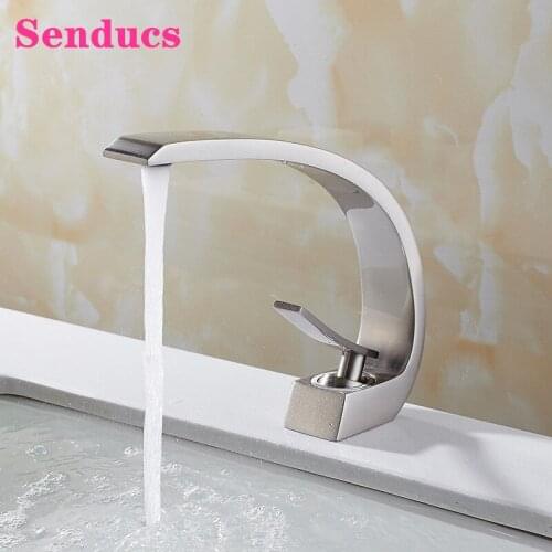 Senducs Basin Sink Faucet Brushed Nickel Bathroom Mixer Tap Creative Matte Black Basin Mixer Faucet Hot Cold Bathroom Faucets