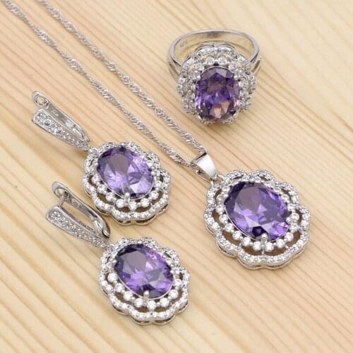 925 Silver Bridal Jewelry Sets Ladies Party Purple Cubic Zirconia White Crystal Pendant Necklace Ring Womens Earrings