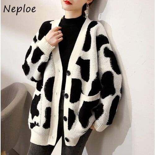 Neploe Sweater Jacket Women Autumn New 2021 Loose V-neck Outer Wear Knit Cardigans Female Leopard Print Knitted Tops Women Coats