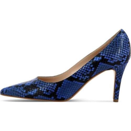 Sexy Blue Grey Python Leather Kitten Heels Pumps Woman Snakeskin Pointed Toe Street Outfit Thin Heels Shoes