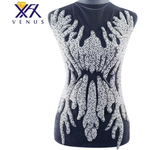 XFX 1 Set Silver White Handmade Dress Applique Bodice Patch Beaded Applique Beads Fabric Patch Handcraft Apparel