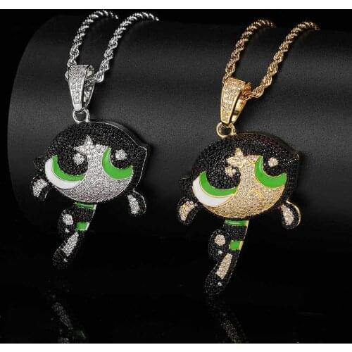 Powerpuff Girl Hiphop Jewelry Gold Micro-Inlaid CZ Cartoon Character Pendant Necklace High Quality Iced Pendant