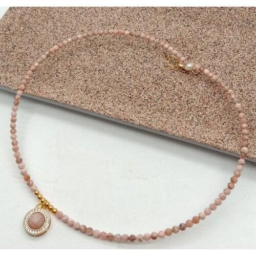 YYGEM Natural Sunstone pave Charm Pink Rhodochrosite faceted round Choker Choker Necklace 17" Delicated Handmade for women