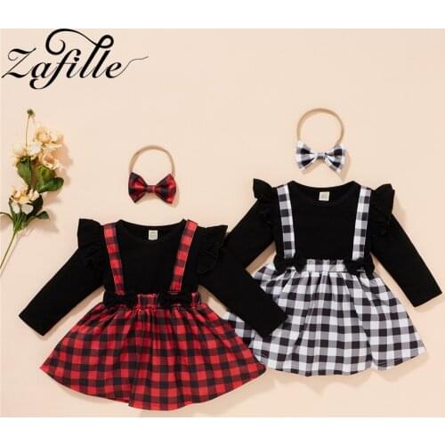 ZAFILLE Baby Toddler Kids Clothes Set Red Plaid Girl Dress Black Top T-shirts+Suspender Skirts+Headband Childrens Clothing Girl