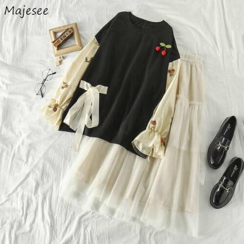 Women Sets Elegant Plus Size Lovely Girl Bow Flare Sleeve High Waist Mesh Skirts Fairy Kawaii Korean Style New Arrival Popular