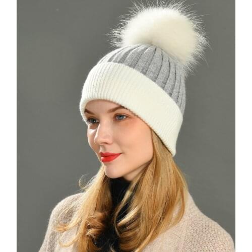 Women Winter Fur Ball Cap Cashmere Hats Beanie Cap Woman Female Warm Rabbit Fur Blend Knitted Fur Ponpon Hat Caps