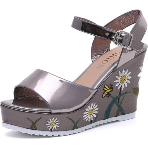 New Female Ankle Strap Buckle Rhinestone Crystal Sandals 2021 Summer Women Round Toe High Heels Fashion Ladies Wedges Shoes Gold