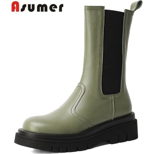 Asumer 2020 top quality genuine leather shoes women ankle boots round toe square heel platform shoes fashion Chelsea boots woman