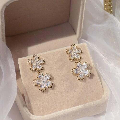 Korean hot selling fashion jewelry 14K real gold plated copper inlaid CZ zircon earrings elegant double flower women earrings