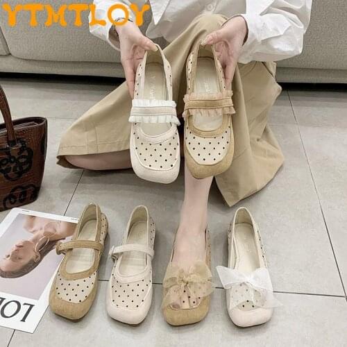 2021 New Fashion Breathable Mesh Transparent Mary Jane Spring And Autumn Casual Flat Shoes Womens Bow Knot Polka Dot Lace Edge
