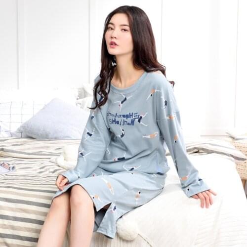 Women spring and autumn long sleeve mid calf length cotton new cartoon students fresh nightdress sleepshirt women sleepwear