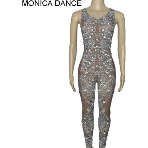 Women Sexy Stage Rhinestones Jumpsuit Female Singer White Lace Pattern Leggings Nightclub Djds Birthday Crystals Dance Costume