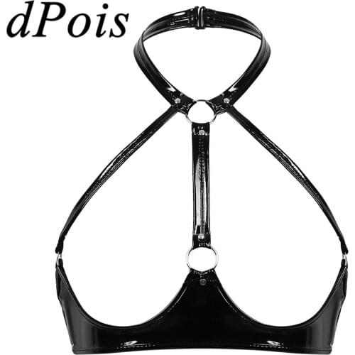 Womens Sexy Open Cups Bra Wet Look Patent Leather Lingerie Halter Neck Backless Wire Free Unlined Braltte Bras Exotic Tanks Top
