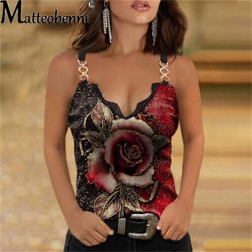 Summer Women New Street Style Plus Size V-Neck Sleeveless Lace Sling Vest Tops Casual Loose Pullover Rose Flower Printing Blouse