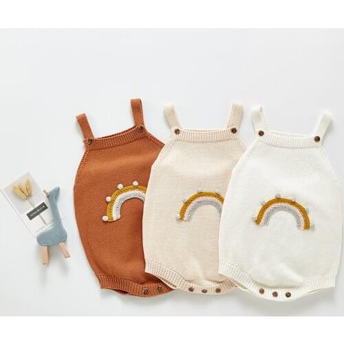 Baby Summer Romper Girls Knitted Rainbow Square Neck Sleeveless Jumpsuit for Toddlers, 3 Colors, 0-24 Months