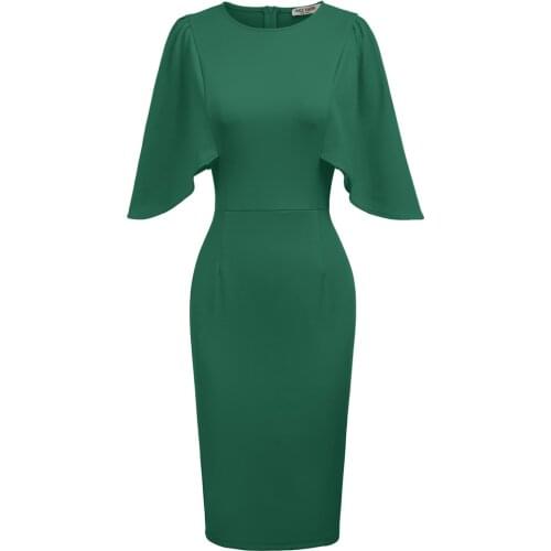 Grace Karin Female Dresses 3/4 Ruffle Sleeve Crew Neck Hips Wrapped Bodycon Pencil Dress Elegant Fit 2021 Dresses Summer Ladies