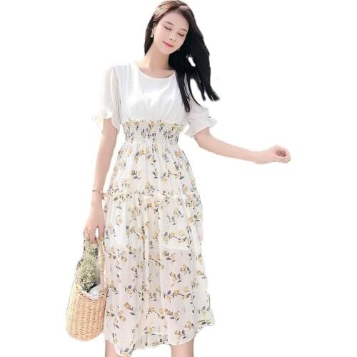 Floral Printed Dress Women 2021 Summer New Sweet Elegant Elastic Waist Fake Two-piece Slim Chiffon Midi Dresses Female LR1420