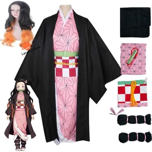 Anime Demon Slayer Cosplay Costume Kamado Nezuko Wig Cloack Dress Headwear Belt Props Halloween Christmas Party Uniform Female