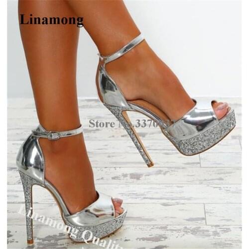 Linamong Shining Silver Patent Leather High Platform Stiletto Heel Sandals Glitters Bottom Ankle Strap High Heel Sandals Heels