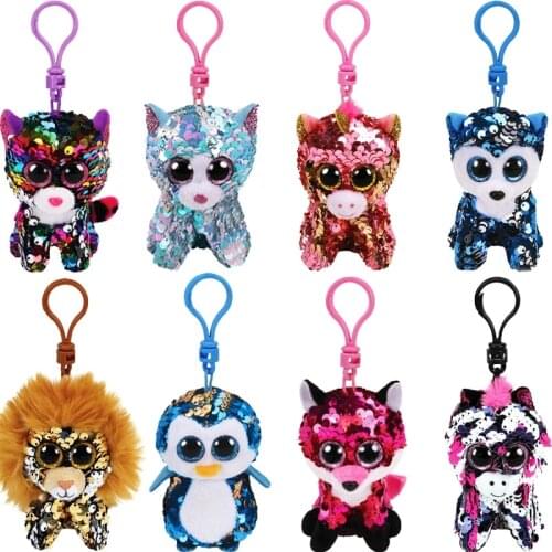 Ty Beanie Babies Plush Animal Keychain Reversible Sequins Pendant Unicorn Penguin Monkey Backpack Ornaments Children Gift 10CM