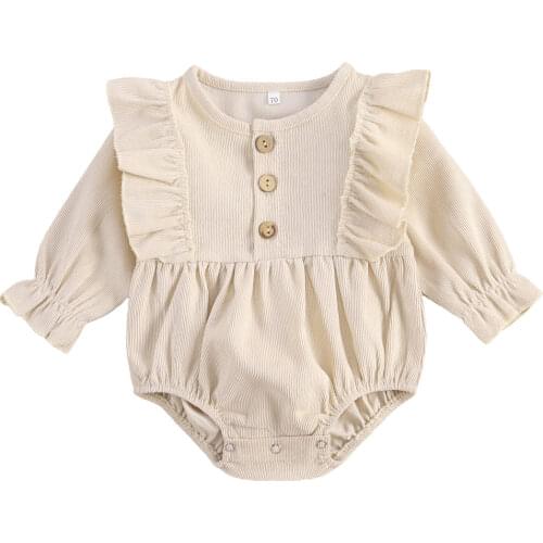 Kids Baby Romper Solid Color Round Neck Long Sleeve Ruffle Corduroy Fabric Romper 2021 Baby Clothes Yellow/Green/Apricot/Purple