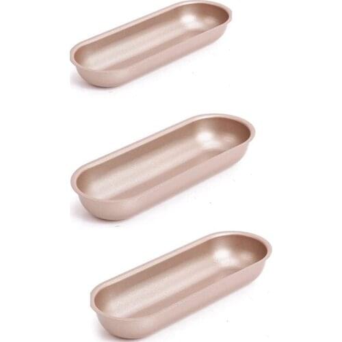 Hot Dog Bun Pan Hotdog Bread Mould Non Stick Bakeware 7 Inch Oval Gold Set of 3Pcs