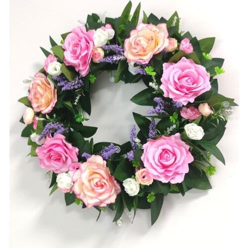 Pink Rose Artificial Wreaths Flower Garland Simulation Wreaths Home Ornaments Round Backdrop Flowers for Wedding Décor