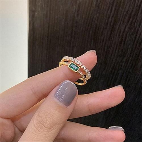 Zeojrlly Women Metal Party Trendy Rings Retro Green Zircon Double Fashion Open Ring Female Jewelry For Girl