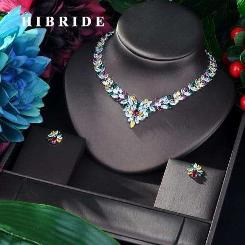 HIBRIDE High Quality Luxury Engagement Necklace Earring 2pcs Jewelry Set AAA Cubic Zirconia Flower Design Necklace for WomenN-24