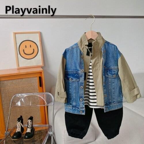 2021 Hot Sale Autumn Kids Boys Girls Coat Patchwock Long Sleeves Fake Two Jackets Children Denim Outwear Casual Style E425