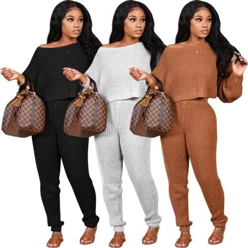 MOQ 1PC fall ladies 2 piece set women long sleeve fashion slash neck sweater solid color casual two piece set