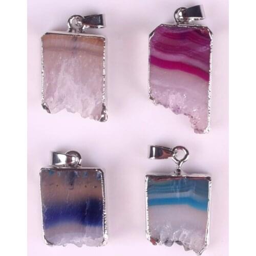 Multi Colors Sliver Plated Wrap Natural Raw Gem Stone Healing Crystal Stone Titanium Druzy Pendant Irregular Rough Pillar Stone