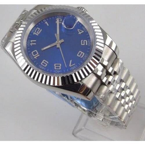 39mm Blue dial Men Steel Case Watch 21 Jewels Japan MIYOTA 8215 Automatic Wristwatch Fluted Bezel Brushed Jubilee Strap