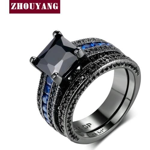 ZHOUYANG Ring Set For Women Luxury 2 PCS Black Square Blue Cubic Zirconia Black Gold Color Cocktail Party Fashion Jewelry R702
