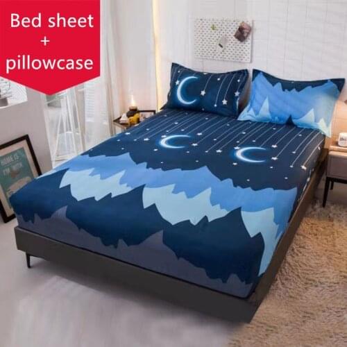 New Product)1pcs 100%Polyester Printed Fitted Sheet Mattress Cover Four Corners With Elastic Soft Bed Sheet With 2 pillowcase