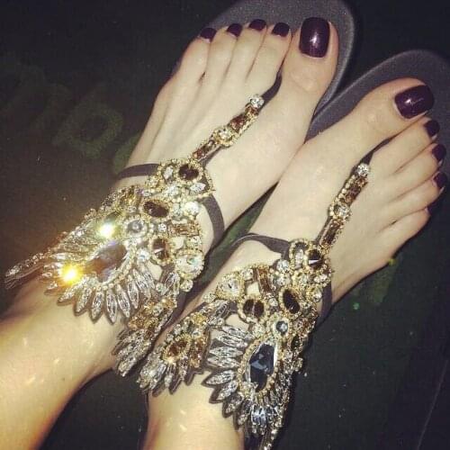 Flat Sandal Women Summer Bohemia Summer Ladies Bling Flower Crystal Flat Sandals Beach Casual Shoes casual Black fashion sandals