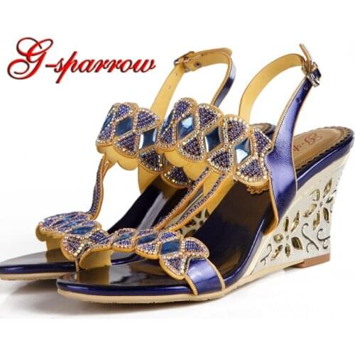 Blue Rhinestone Wedge Sandals with Ankle Straps Open Toe Women Pumps Handmade Bridal Dress Shoes Cinderella Prom Heels