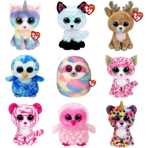 Ty Beanie Big Eyes Boos Unicorn Cat Fox Penguin Owl Leopard Pillow Plush Stuffed Animal Soft Bedside Toys Doll Gift For Kids15CM