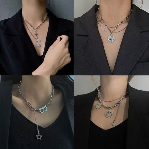 U-Magical Letter B Love Head Portrait Circle Cross Metal Pendant Necklace for Women Smile Face Hollow Butterfly Necklace Jewelry