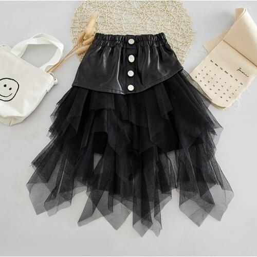 Girl Patchwork PU Leather Skirt 2021 Autumn Winter Baby Kid Clothes Tutu Mesh Party Dress Children Clothing Clothes