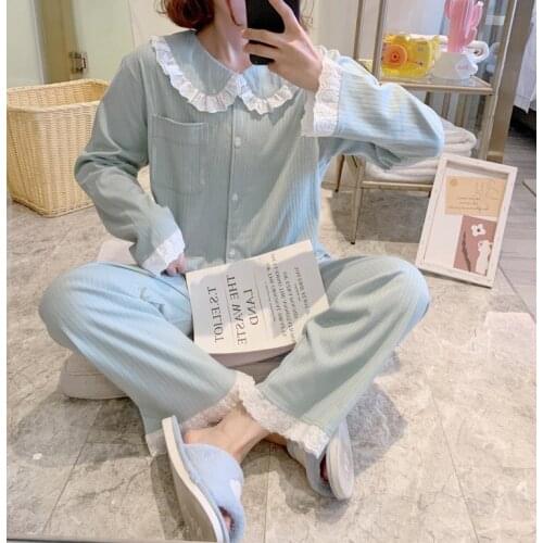 Spring/autumn Long-sleeved Student Pajamas Cute Princess Style Two-piece Pure Color Pajamas Net Red Simple and Sweet Home Wear
