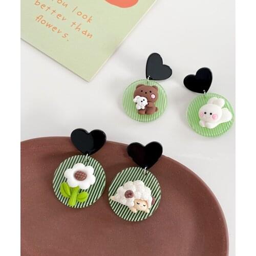 AOMU Cute Green Transparent Acrylic Bear Flower Stripe Earring Smooth Asymmetric Geometric Cartoon Round Drop Earrings for Women