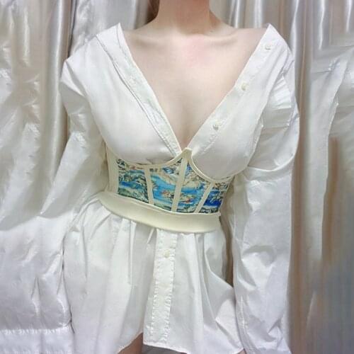 Women Retro Fish Boned Corset Wrap Girdle Angel Printed Waist Shaper Underbust Bustier Crop Top Satin Slip White Dress