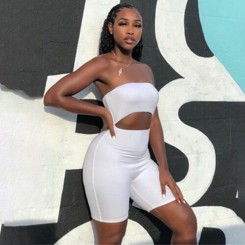 Cut Out Solid Bodycon Rompers Women Strapless Fitness Workout Biker Shorts Playsuits 2020 Summer Sporty Active Wear New