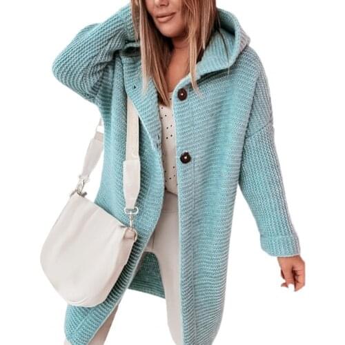 Women Cardigan Knitted Sweater Solid Color Long Sleeve Autumn Winter Two Buttons Ladies Hooded Sweater Coat Outerwear