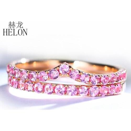 HELON Solid 14K Rose Gold 0.35ct Round cut 100% Genuine Natural Pink Sapphire Wedding Women Fine Jewelry unique fashion Ring